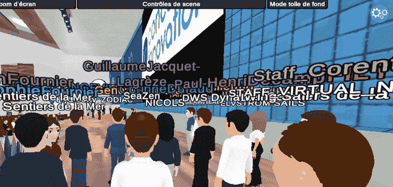 Crowd of avatars in virtual conference space with floating names.