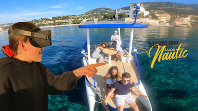 Person with VR headset pointing, four people on a boat in clear water, scenic coastal view.