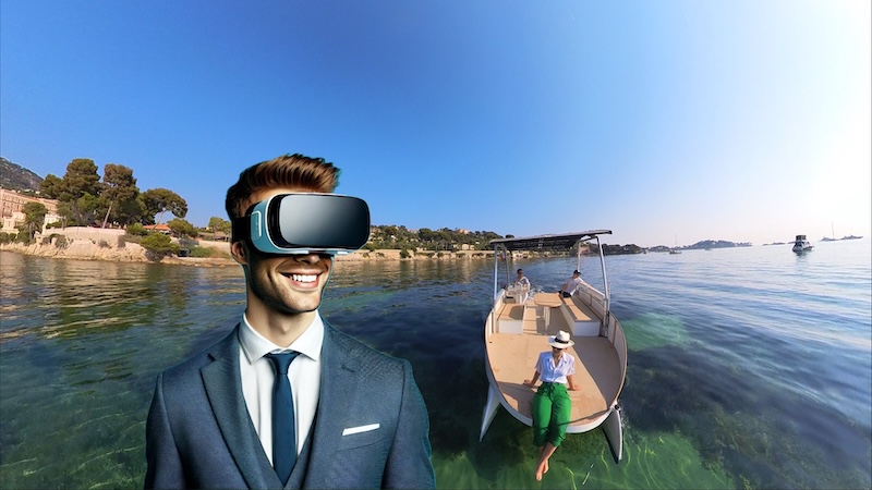 Smiling man in VR headset superimposed over boat on clear water.