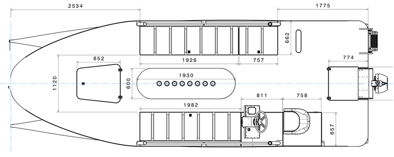 Technical blueprint of a boat with dimensions and labeled sections.