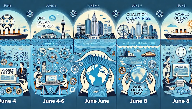 Illustrated brochure of World Ocean Day events from June 4-8 with ocean, landmarks, and people.