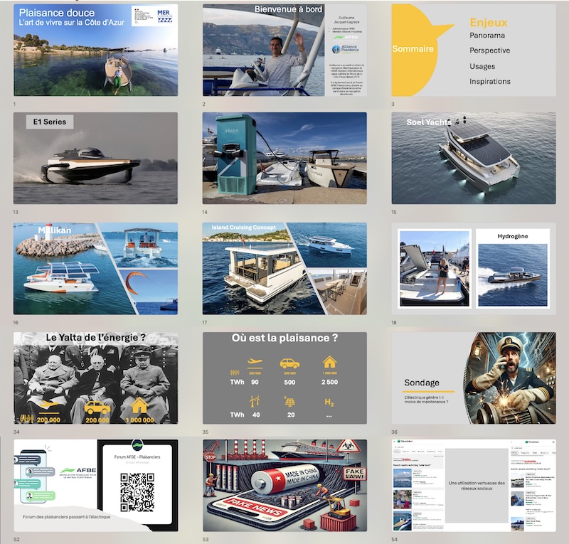 Collage of boat images, charts, and nautical graphics in a 4x4 grid layout.