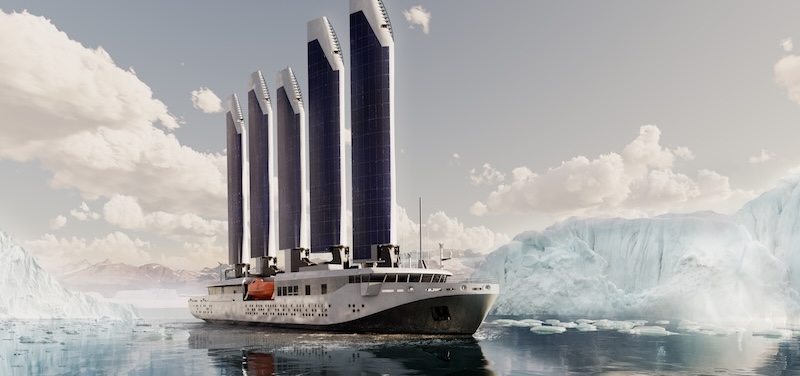 Ship with five large sails in icy waters, surrounded by glaciers.