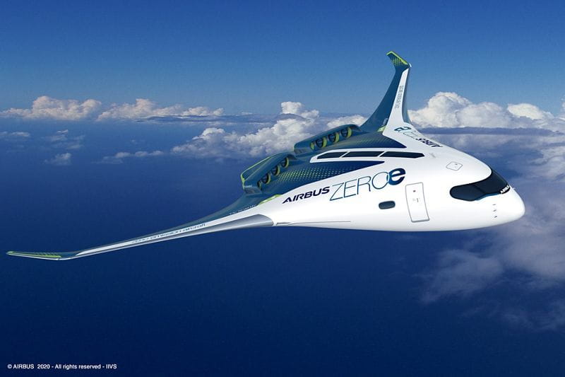 Futuristic concept plane flying over clouds with a sleek design.