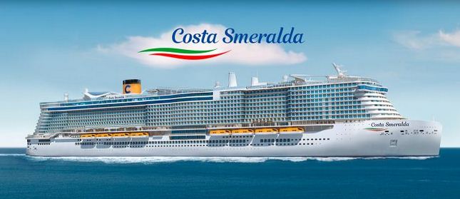 Large white cruise ship 'Costa Smeralda' on the ocean with logo above.