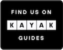 Black sign with text: Find us on KAYAK GUIDES.