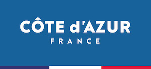 Côte d'Azur France logo on a blue background with red, white, and blue stripe below.