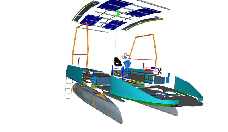 Technical drawing of a catamaran structure with solar panels.