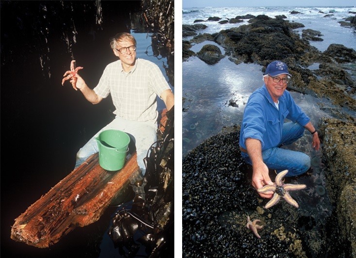 Two men in nature holding starfish, one on a log, another near tide pools.