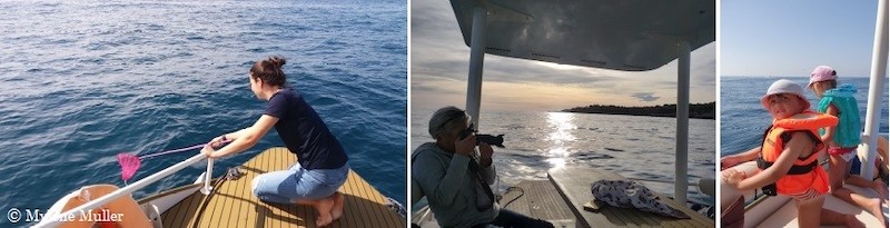 Three photos of people on boats at sea, one with a net, another taking photos, and the third with children.