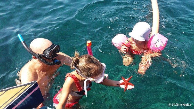 People snorkeling in clear water, child holds a red starfish.