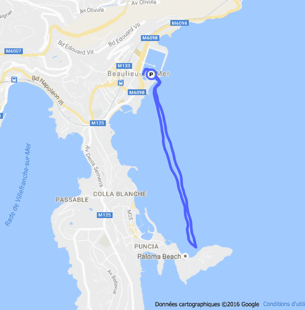 Map showing a route along the coast near Beaulieu-sur-Mer.