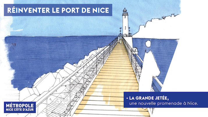Illustration of a pier with a lighthouse, labeled 'Réinventer le Port de Nice'.