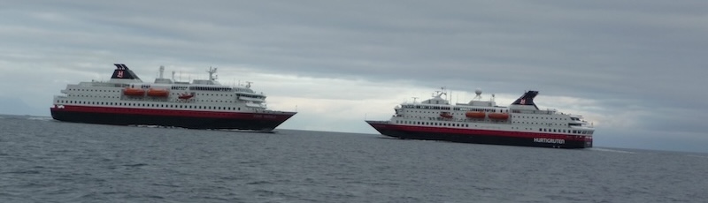 Two large cruise ships on the ocean under a cloudy sky.