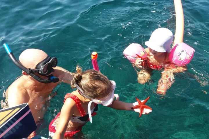 Three people snorkeling, a child holds a starfish, others use flotation devices in clear blue water.