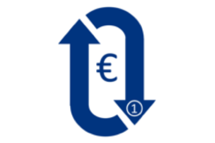 Blue euro symbol between up and down arrows with a circled number 1.