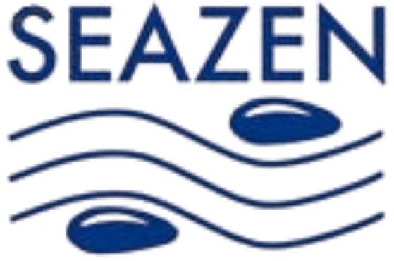 Blue logo with wavy lines, circular shapes, and 'SEAZEN' text.