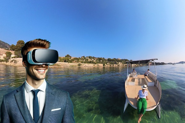 Man in suit using VR headset, standing near a boat with two people in a scenic waterfront area.