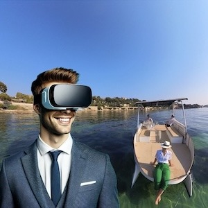 Man in VR glasses by a scenic waterfront with a boat and a relaxed figure in the distance.