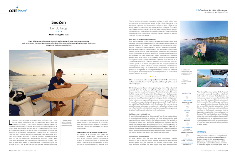 Magazine page with SeaZen boat article, person at table, and coastal images.