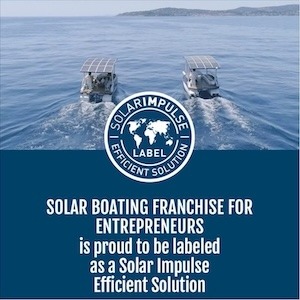 Two solar-powered boats on water with 'Solar Impulse Efficient Solution' label and promotional text.