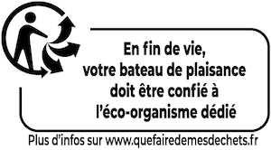 Symbol of recycling with text about boat disposal in French.