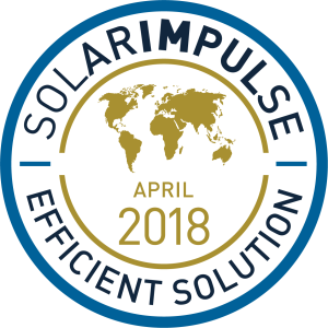 Solar Impulse Efficient Solution emblem with world map and April 2018.