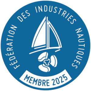Blue circular logo with sailboat, propeller, and text: Fédération des Industries Nautiques Membre 2025.