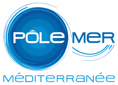 Logo with 'Pôle Mer Méditerranée' and a blue circular wave design.