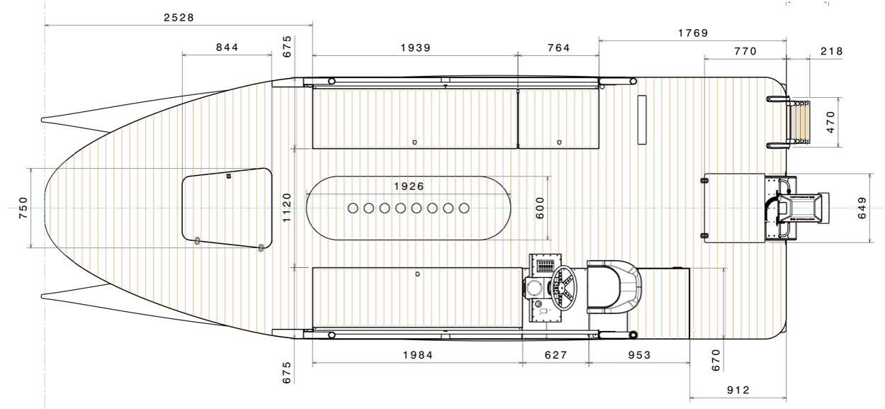 Top view of a boat floor plan with measurements and labeled spaces.