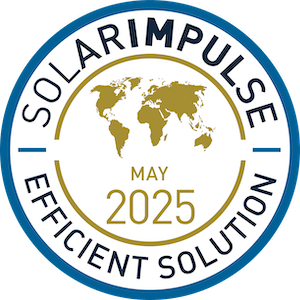 Circular logo with 'SOLAR IMPULSE EFFICIENT SOLUTION MAY 2025' around a world map.