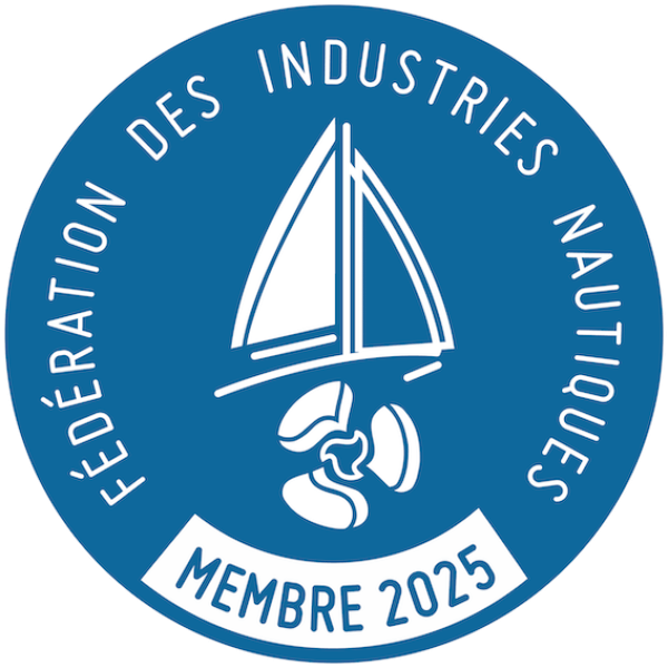Blue circular logo with sailboat and propeller, text 'Fédération des Industries Nautiques Membre 2025'.