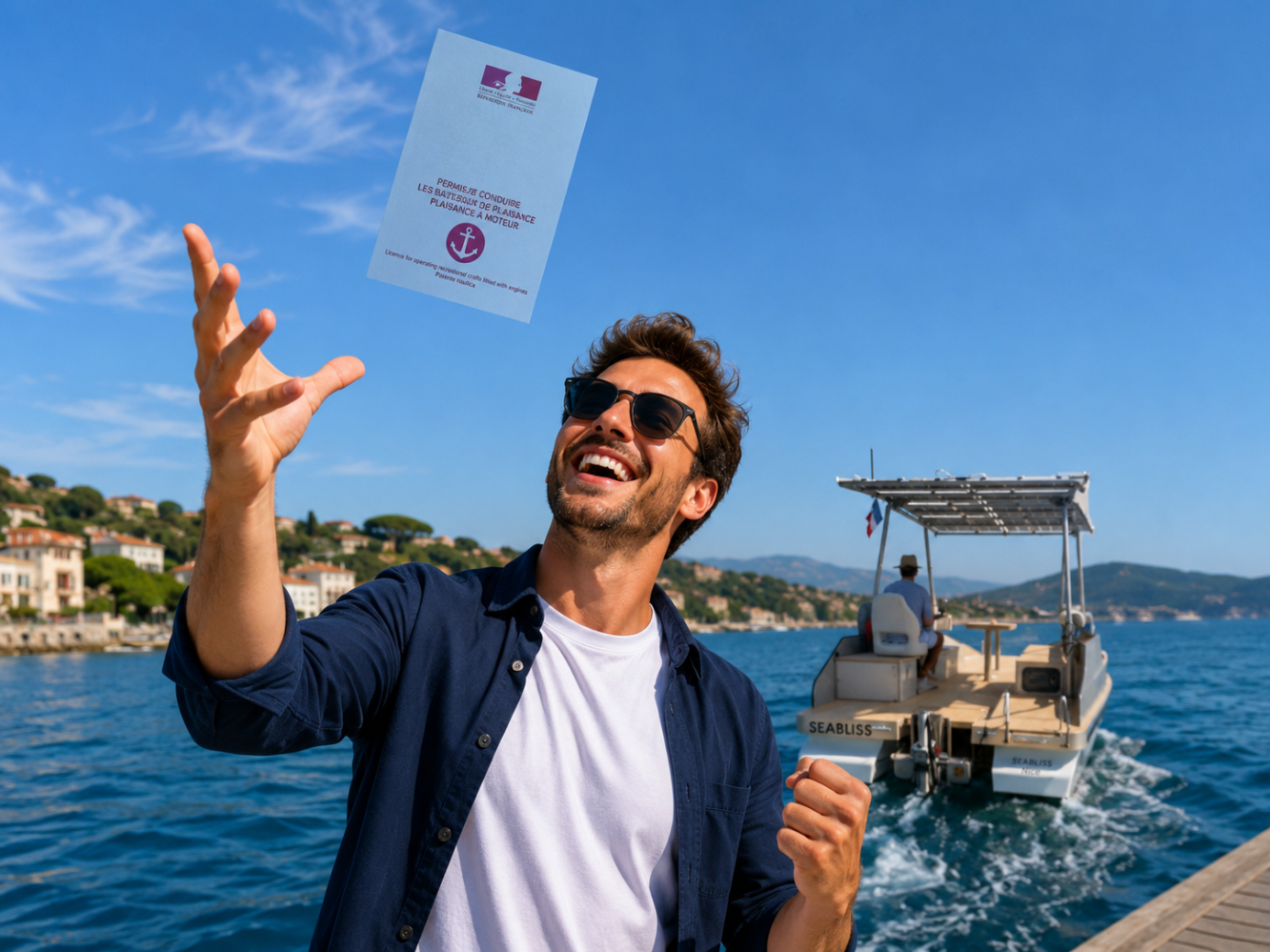 Man in sunglasses tossing a French boat licence, standing by solar boat on sunny day.