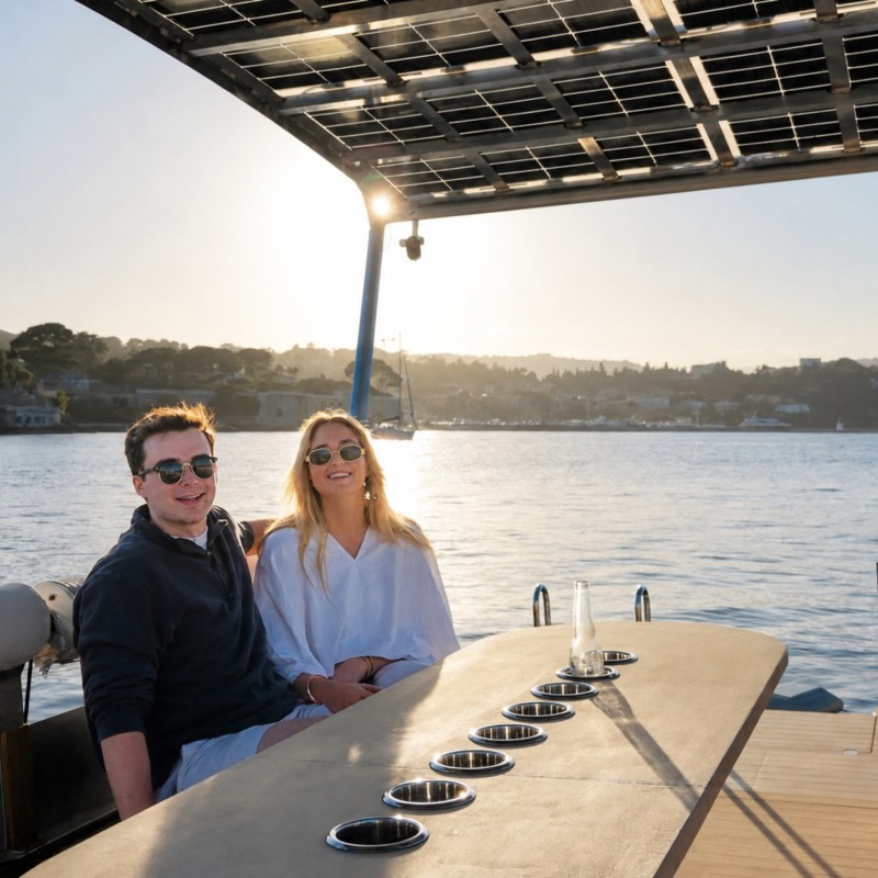 Two people sitting on a SeaZen boat with a scenic view of the Côte d'Azur at sunset.