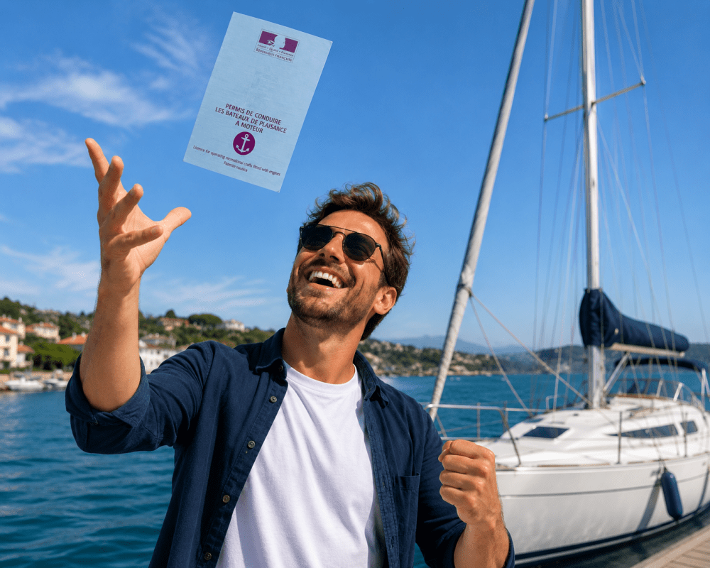 Man in sunglasses tossing a French boat licence, standing by sailing boat on sunny day.