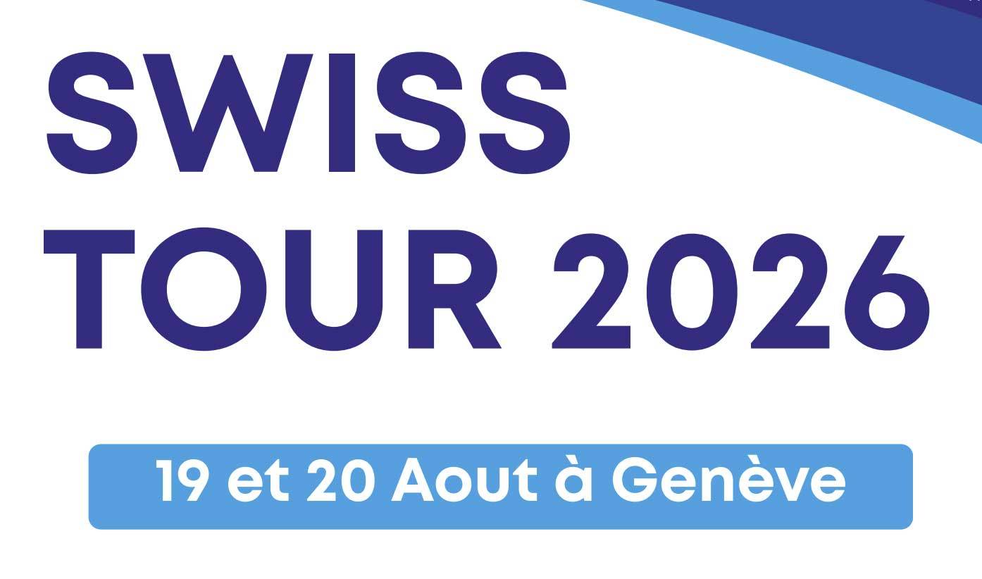 SWISS TOUR 2026, 19 et 20 Aout à Genève, on a white background with blue accents.